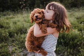 little girl hugging puppy teaching children how to be gentle with dogs